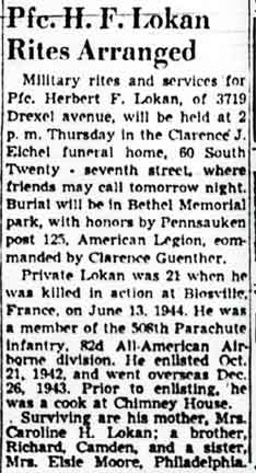 Camden Courier-Post obituary for Pfc. Herbert F. Lokan, May 4, 1948