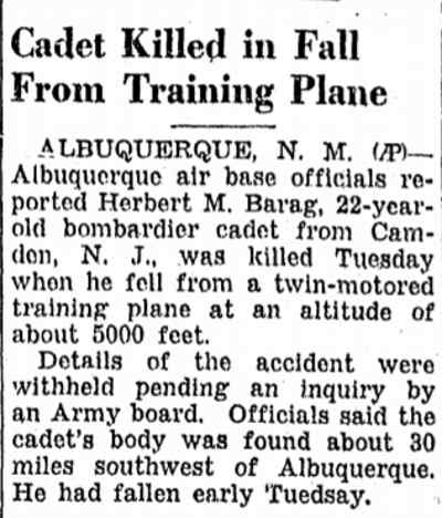 Cadet Killed in Fall From Training Plane, Idaho Statesman, June 25, 1942