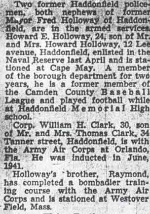 Newspaper clipping: Two Former Haddonfield Policemen In Armed Services, Camden Courier-Post, November 20, 1942