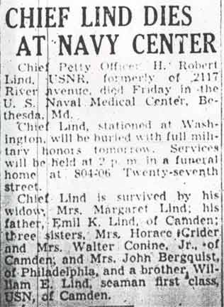 Camden Courier-Post obituary for Chief Petty Officer H. Robert Lind, January 10, 1944