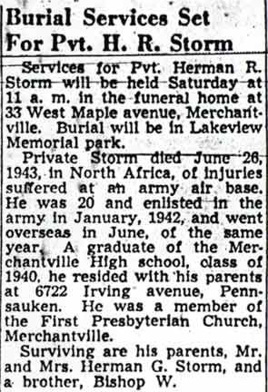 Camden Courier-Post obituary for Private Herman R. Storm, February 16, 1949