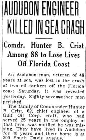 Camden Courier-Post, October 26, 1943 — Audubon Engineer Killed in Sea Crash, part 1