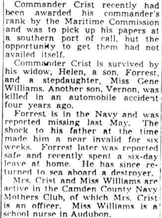 Camden Courier-Post, October 26, 1943 — Audubon Engineer Killed in Sea Crash, part 2