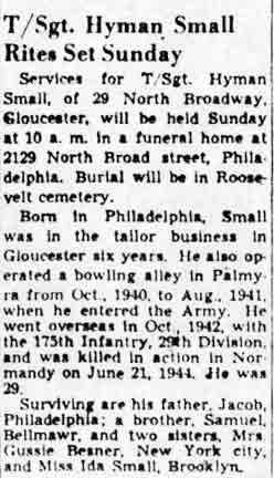Newspaper obituary for T/Sgt. Hyman Small
