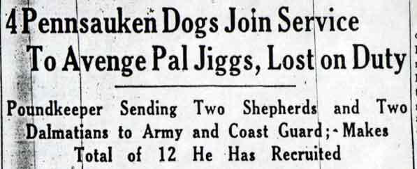 Camden Courier-Post, February 4, 1943 — headline: 4 Pennsauken Dogs Join Service To Avenge Pal Jiggs, Lost on Duty