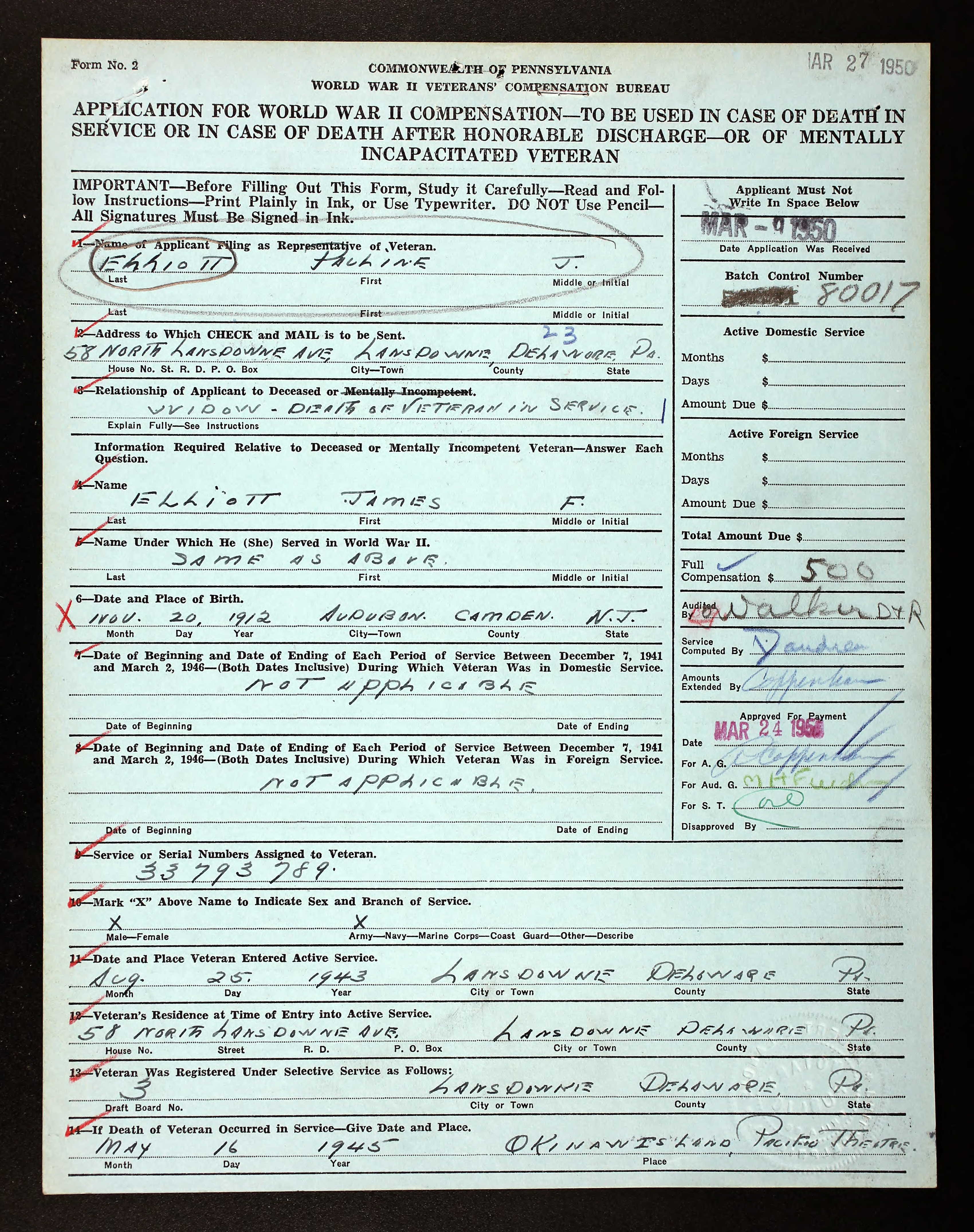 Pennsylvania Application for World War II Compensation Form for James F. Elliott
