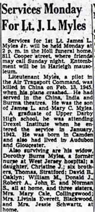 Newspaper obituary for First Lieutenant James L. Myles Jr.