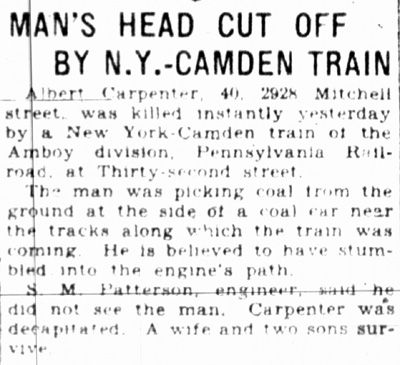 Man's Head Cut Off by N.Y.-Camden Train - Camden Courier-Post April 2, 1928
