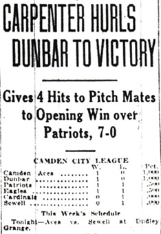 Headline: Carpenter Hurls Dunbar to Victory — Camden City League standings