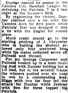 Article: Dunbar defeats Patriots 7-0, Carpenter pitches shutout