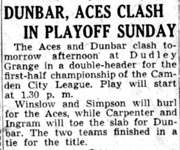 Dunbar, Aces Clash in Playoff Sunday - Camden Courier-Post July 26, 1941