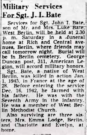 Camden Courier-Post obituary for Sgt. John I. Bate