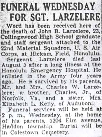 Camden Courier-Post, August 23, 1941 — obituary for Sgt. John Bell Larzelere