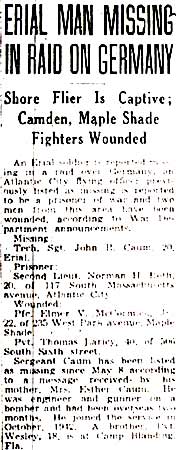 Erial Man Missing In Raid On Germany, Camden Courier-Post, June 3, 1944