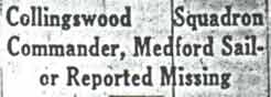 Newspaper headline: Collingswood Squadron Commander, Medford Sailor Reported Missing