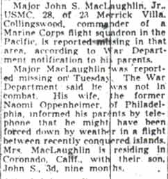 Camden Courier-Post, February 4, 1944 — Major MacLaughlin reported missing