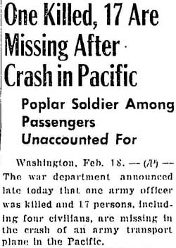 One Killed, 17 Are Missing After Crash in Pacific - Helena Independent, February 19, 1943, part 1