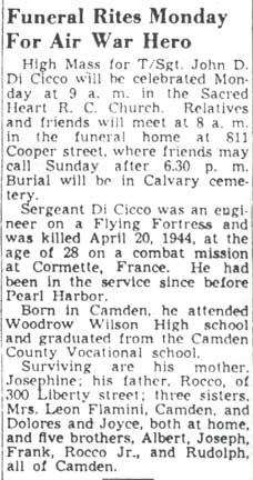 Obituary: Funeral Rites Monday For Air War Hero, Camden Courier-Post, March 25, 1949