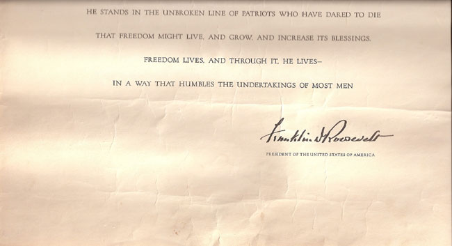 Presidential condolence letter interior: He stands in the unbroken line of patriots, signed Franklin D. Roosevelt