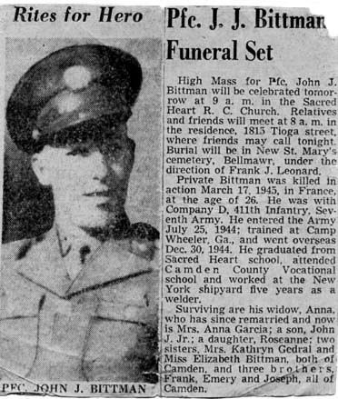 Obituary: Pfc. J. J. Bittman Funeral Set, Camden Courier-Post