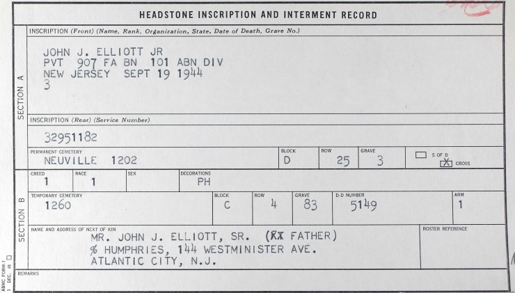 Headstone Inscription and Interment Record for John J. Elliott Jr.