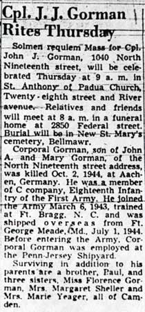 Obituary for Corporal John J. Gorman, Camden Courier-Post, November 10, 1947