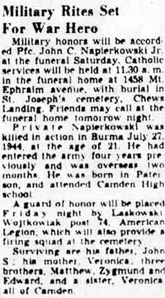 Obituary: Military Rites Set For War Hero, Camden Courier-Post, June 3, 1948