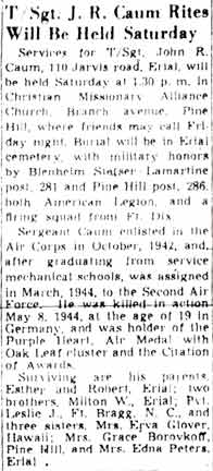 T/Sgt. J. R. Caum Rites Will Be Held Saturday, Camden Courier-Post, June 8, 1949