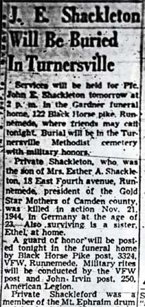 Obituary for Pfc. John E. Shackleton, Camden Courier-Post, December 3, 1948