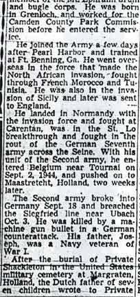 Obituary for Pfc. John E. Shackleton, Camden Courier-Post, December 3, 1948 (continued)