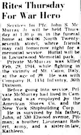 Obituary for Private First Class John S. McMurray Jr., Camden Courier-Post, September 29, 1948