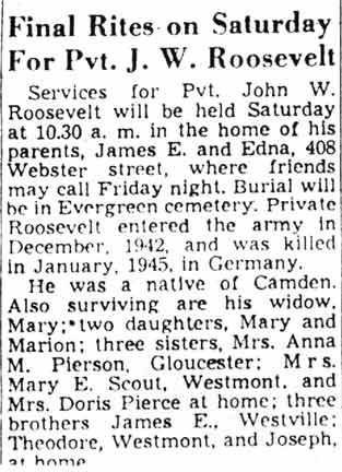 Obituary of Private John Rosevelt, Camden Courier-Post, March 30, 1949
