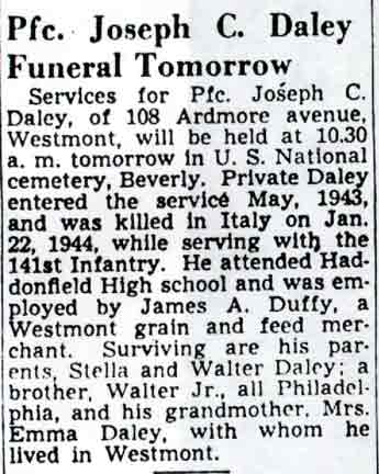 Camden Courier-Post, September 22, 1948 — Pfc. Joseph C. Daley Funeral Tomorrow