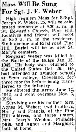 Camden Courier-Post, November 18, 1947 — Mass Will Be Sung For Sgt. J. F. Weber