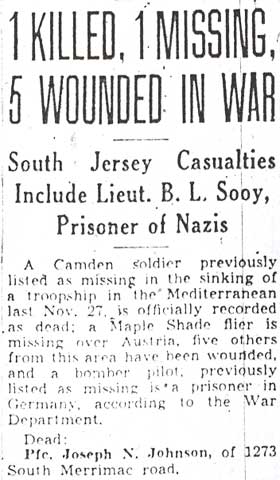 1 Killed, 1 Missing, 5 Wounded in War — Evening Courier, Camden NJ, May 23, 1944, part 1