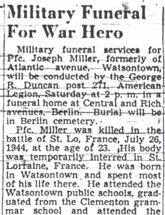 Obituary for Private First Class Joseph Miller, Camden Courier-Post, February 19, 1948