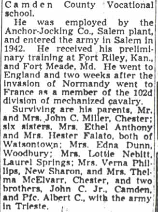 Obituary for Private First Class Joseph Miller, continued