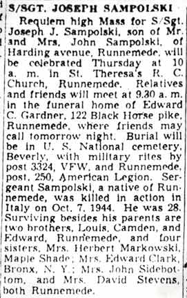 Obituary for S/Sgt. Joseph Sampolski, Camden Courier-Post, June 17, 1949
