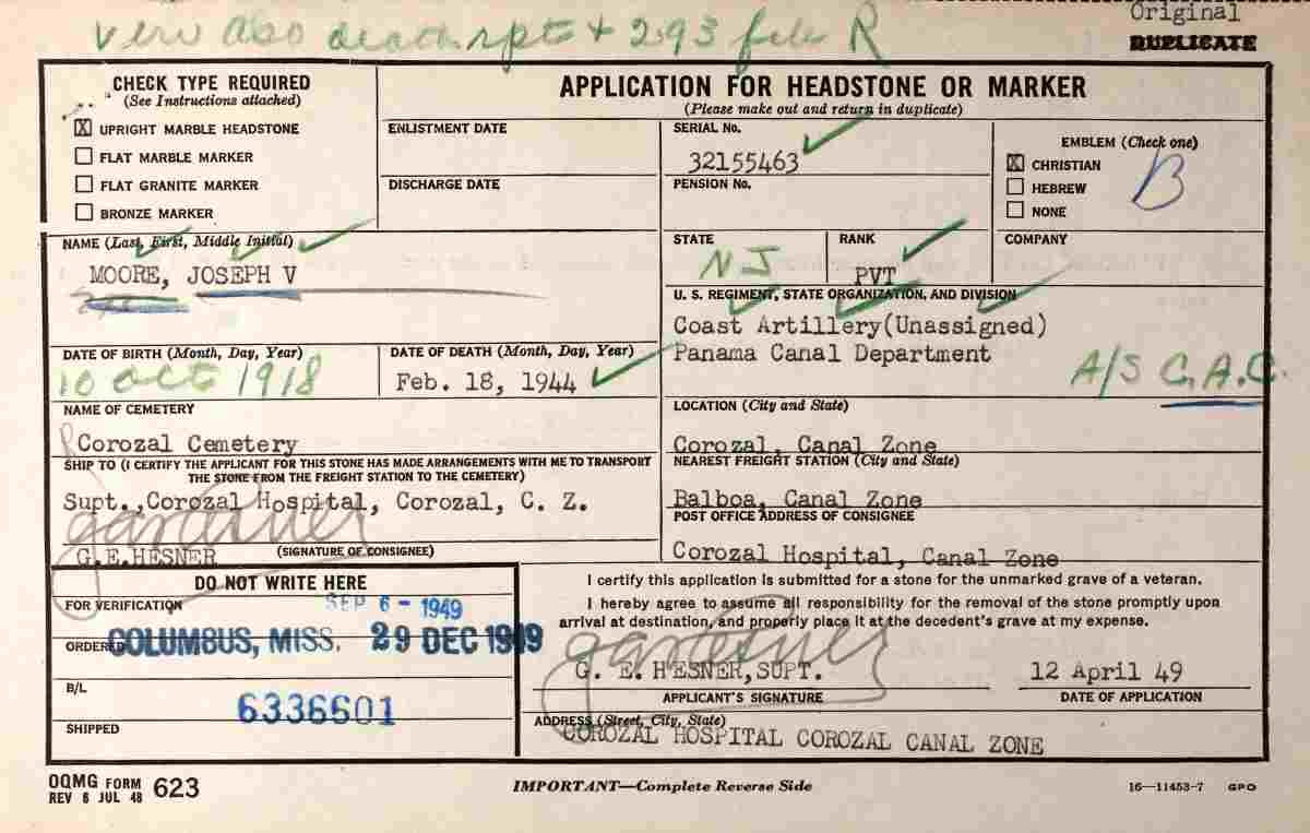 Application for Headstone or Marker for Private Joseph V. Moore