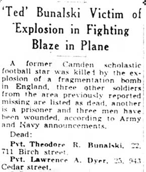 Camden Grid Star Killed by Bomb Blast in England — Camden Courier-Post, June 16, 1944, part 1