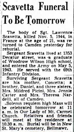 Scavetta Funeral To Be Tomorrow — Camden Courier-Post, November 7, 1947