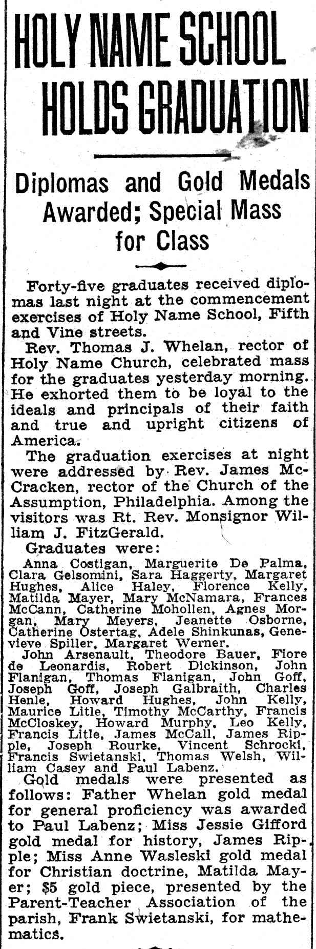 Holy Name School Holds Graduation — Camden Courier-Post, June 16, 1932
