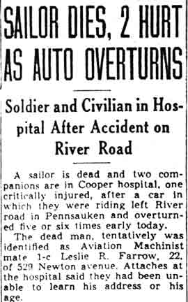 Sailor Dies, 2 Hurt As Auto Overturns — Camden Courier-Post, July 21, 1945, part 1