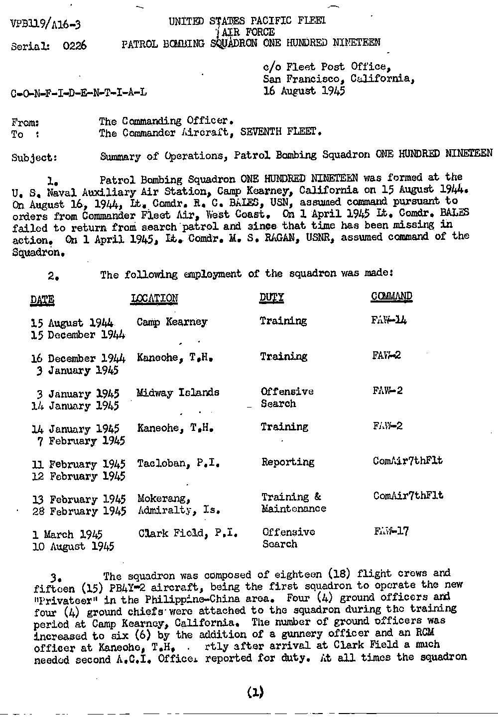 Summary of Operations, Patrol Bombing Squadron One Hundred Nineteen — page 1