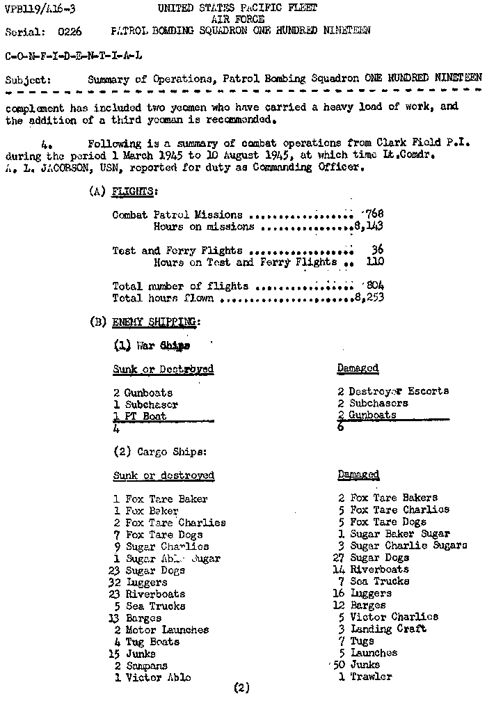 Summary of Operations, Patrol Bombing Squadron One Hundred Nineteen — page 2