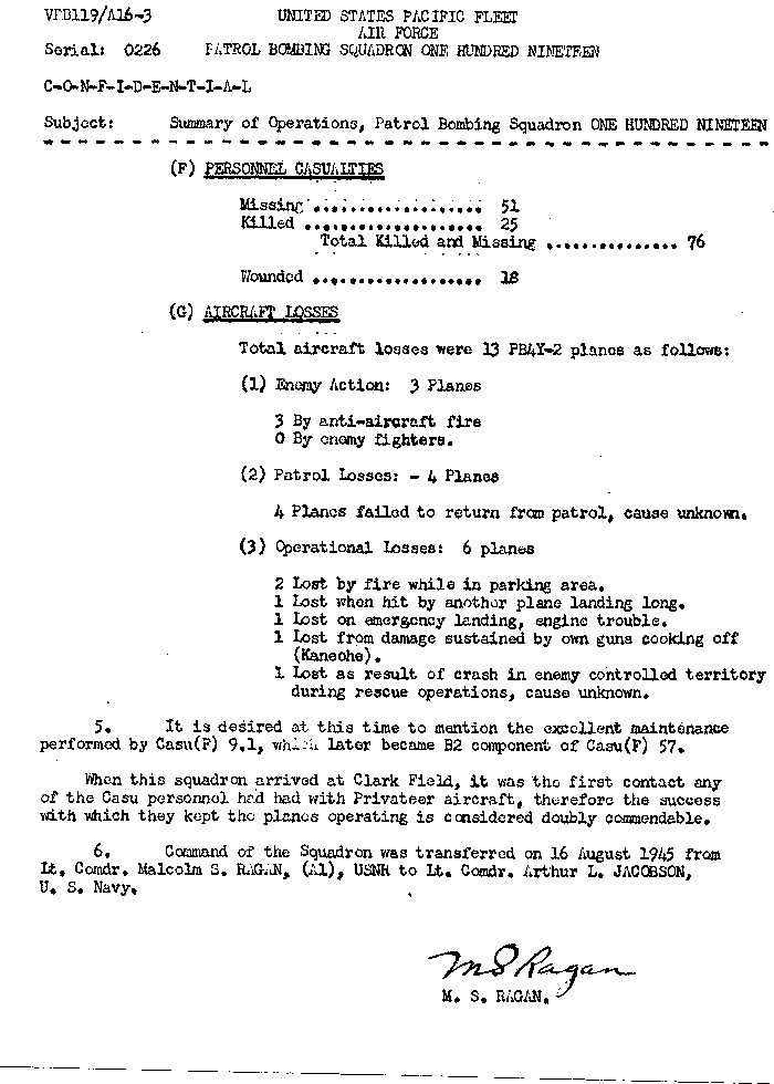 Summary of Operations, Patrol Bombing Squadron One Hundred Nineteen — page 3