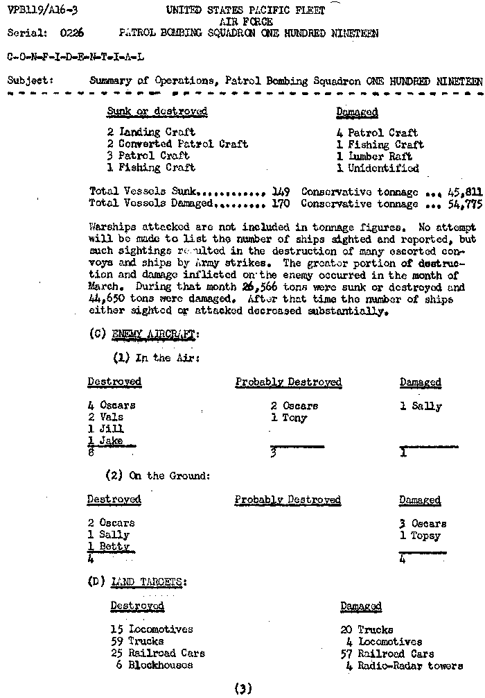 Summary of Operations, Patrol Bombing Squadron One Hundred Nineteen — page 4