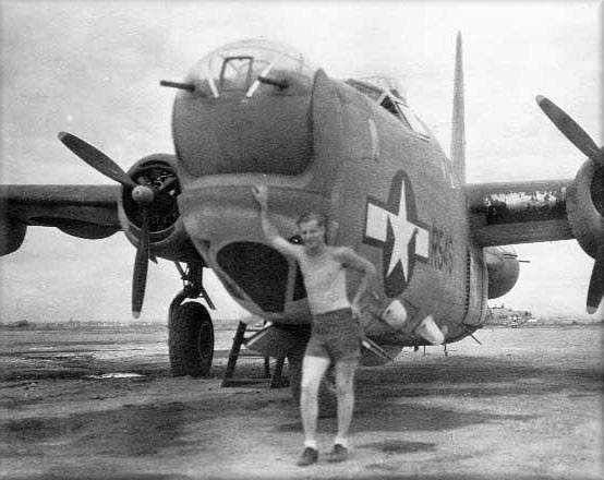 VPB-119 PB4Y-2 BUNO: R546 — Clark Field 1945, with blister-like Erco nose turret; Wallace Parmer leaning against the nose