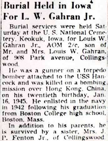Camden Courier-Post, January 13, 1950 — Burial Held in Iowa For L. W. Gahran Jr.