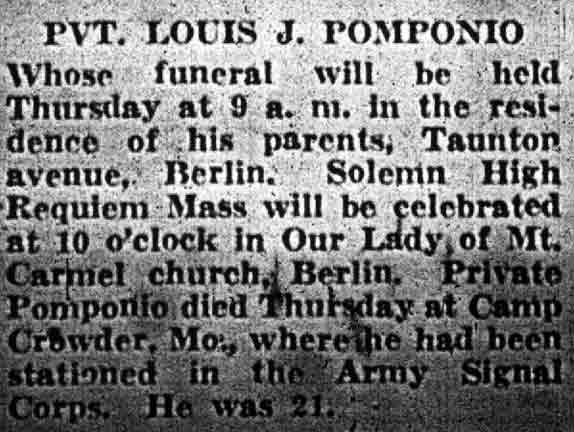 Camden Courier-Post, February 21, 1944 — Pvt. Louis J. Pomponio funeral notice